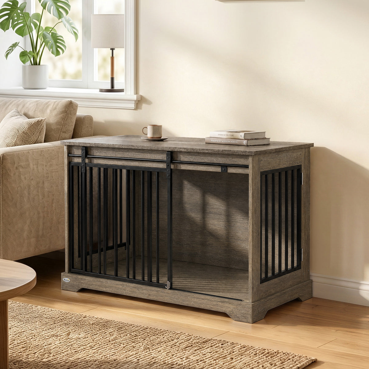 Gaiola para Cães em Madeira e Aço com Porta Deslizante Mesa de Apoio Abrigo Moderno 100x60x68 cm Cinza e Castanho Claro — imagem 3