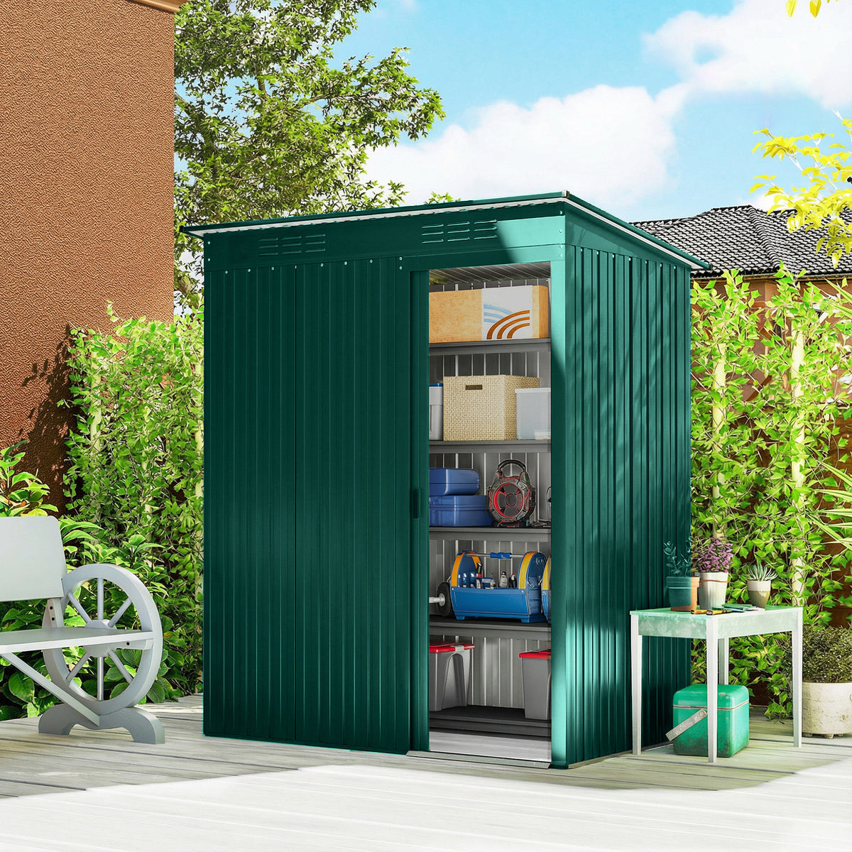 Casinha de Jardim em Metal com Ventilação e Porta de Correr 159x106x181 cm Verde — imagem 3