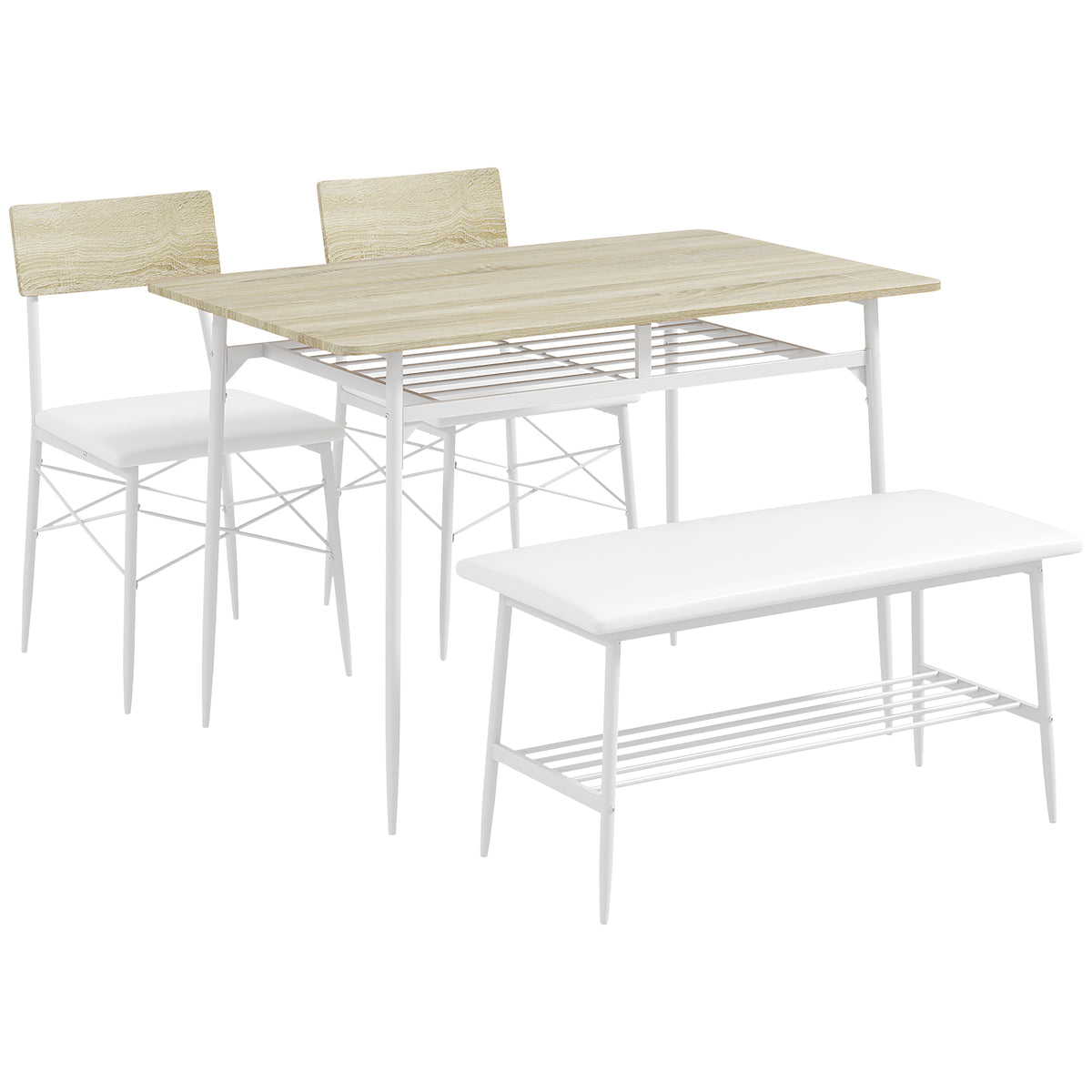 Conjunto de mesa de jantar de 4 peças com cadeiras e banco para 4 pessoas, assentos estofados, estrutura em aço, madeira, Carvalho — foto 1