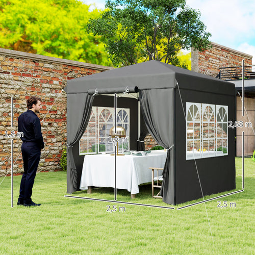 2,5 x 2,5 m Pavilhão pop-up com paredes laterais e bolsa de transporte, UPF50+ tenda de jardim com altura ajustável, Cinzento escuro — foto 2
