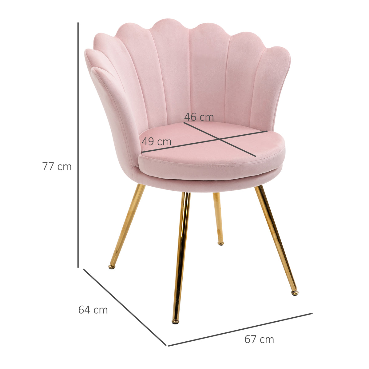 Cadeira de Concha Cadeira para Toucador Cadeira em Veludo Cadeira de Sala com Pés em Metal Dourado 67x64x77 cm Rosa — foto 2
