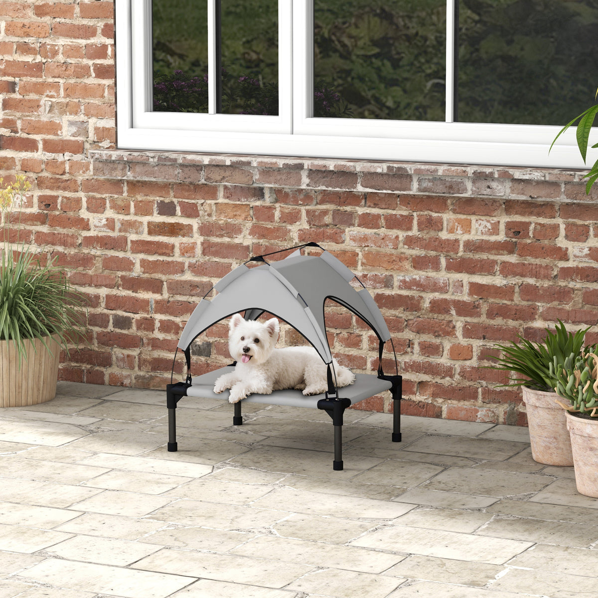 Cama para Cães Cama para Cão Elevada Dossel Anti UV Oxford Bolsa de Transporte Incluída 61x46x63 cm Cinza — imagem 3