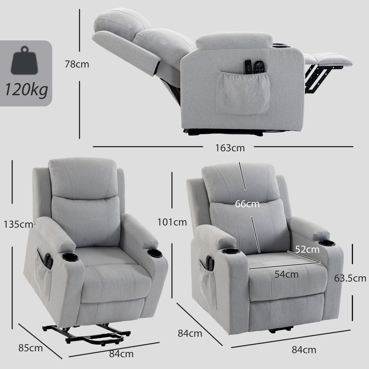 Poltrona Elevatória Elétrica com Massagem Vibratória e Aquecimento, Poltrona Relax Elétrica, Encosto Reclinável, Porta USB, Cinzento — foto 2