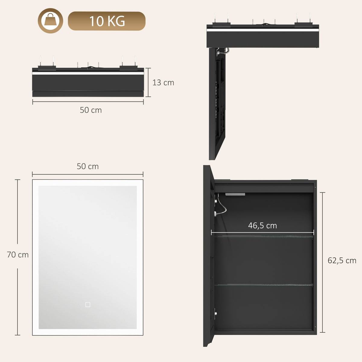 Armário de Casa de Banho LED com Função Antivapor Móvel de Parede Espelho Prateleiras 50x70 cm Preto — foto 2