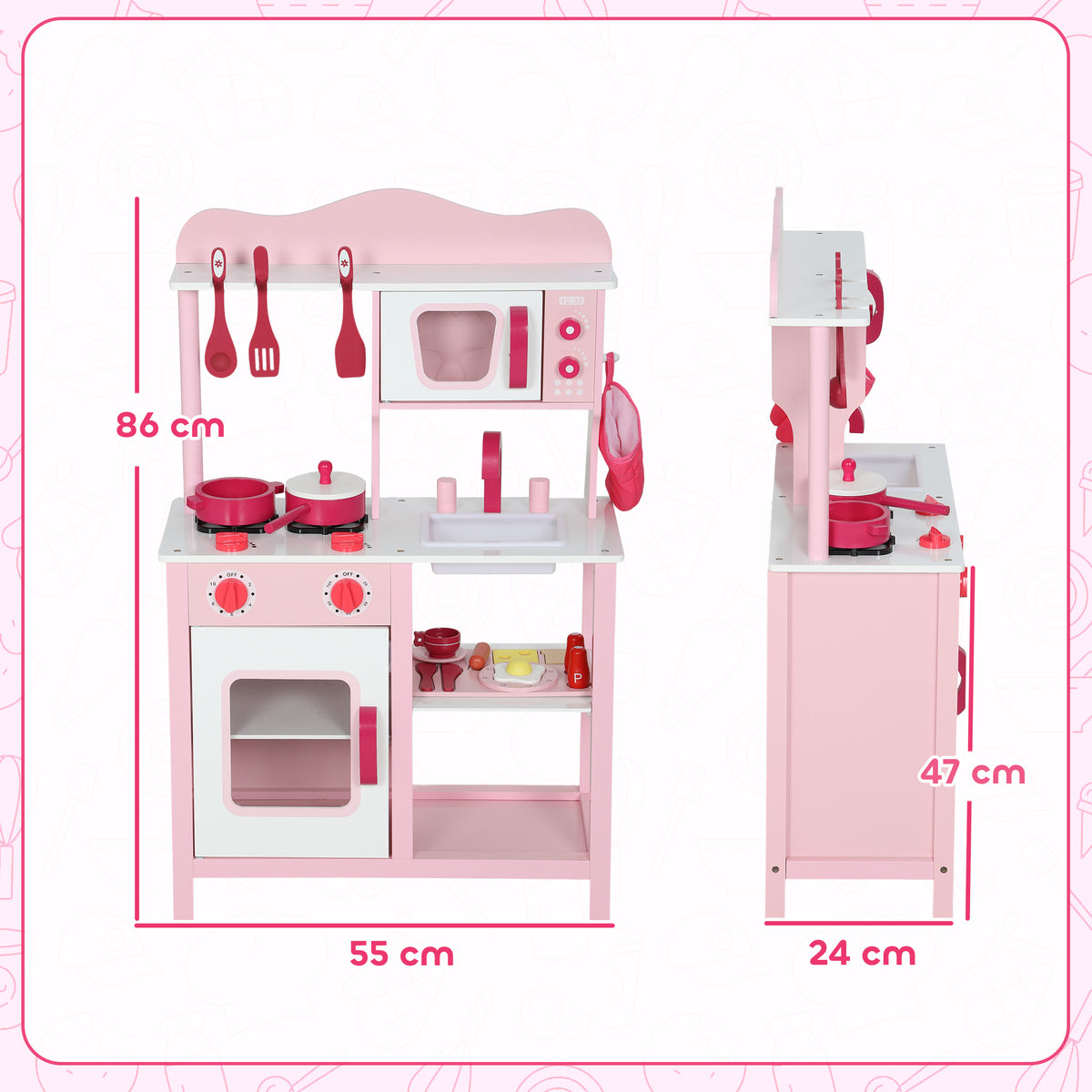 Cozinha infantil para brincar, acessórios em madeira, eletrodomésticos, compacta, com sons, Rosa — foto 2