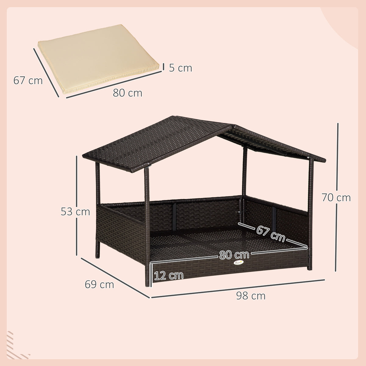 Rattan Cama para Cães para Exterior com Teto, Cama Elevada para Cães 69 x 98 x 70 cm Cama Refrescante para Animais de Estimação com Estrutura Metálica, Almofadas Removíveis para Cães Pequenos e Médios, Café-Marrom — foto 2