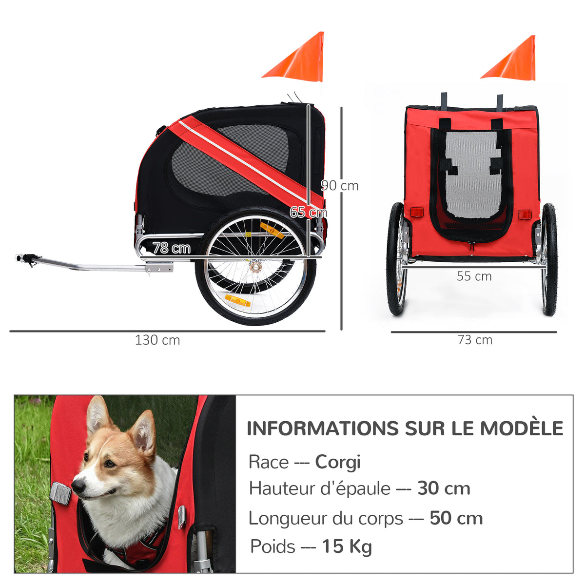 Carretinha de Bicicleta para Cães Animais 8 Refletores Bandeira Aço Poliéster Impermeável Máx.30 Kg 130x73x90 cm Vermelho — foto 2