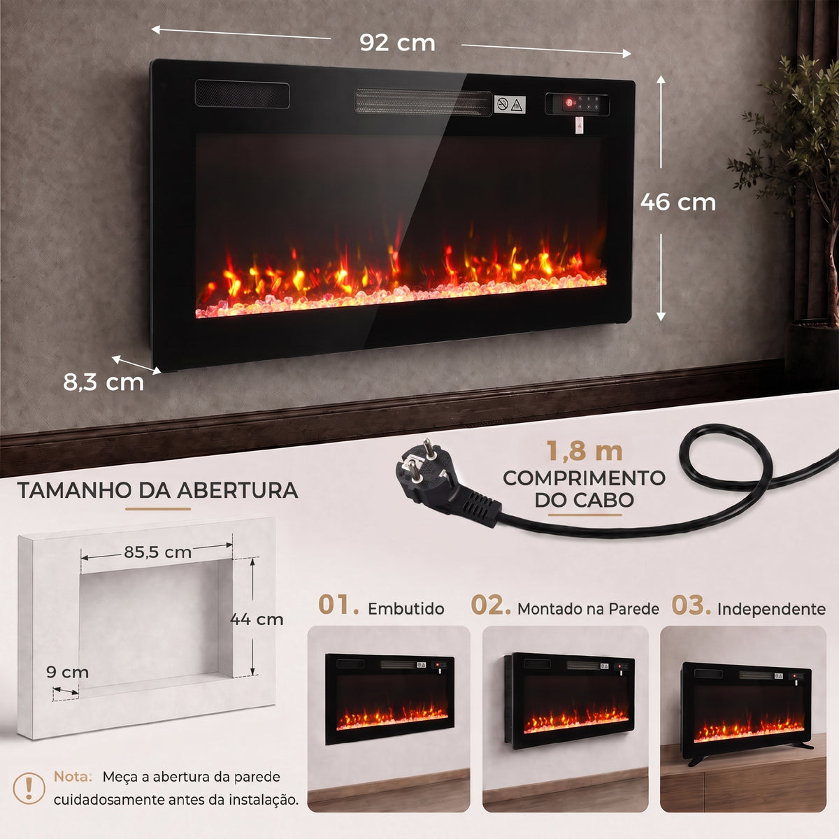 Lareira Elétrica Ultrafina 900/1800W Encastrável/De Parede/De Pé, 12 Cores de Chama 3D, Controlo Remoto, até 35 m², Preta — foto 2