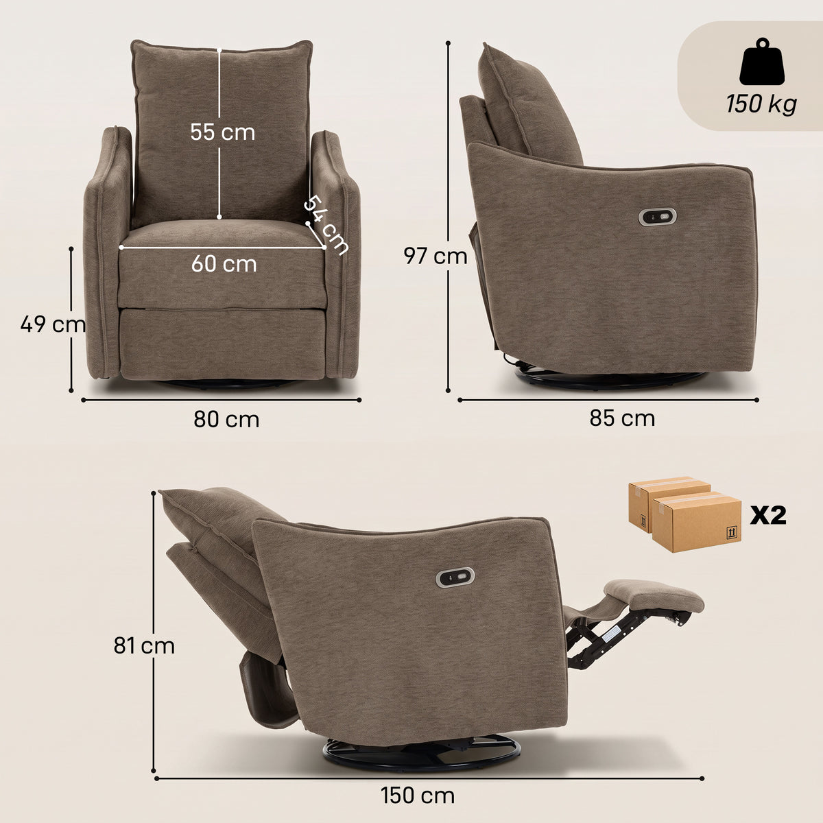 Poltrona Relax Elétrica Reclinável 155° com Apoia-pés, Giratória 270°, Assento Amplo, Balanço, Chenille, Caqui — foto 2