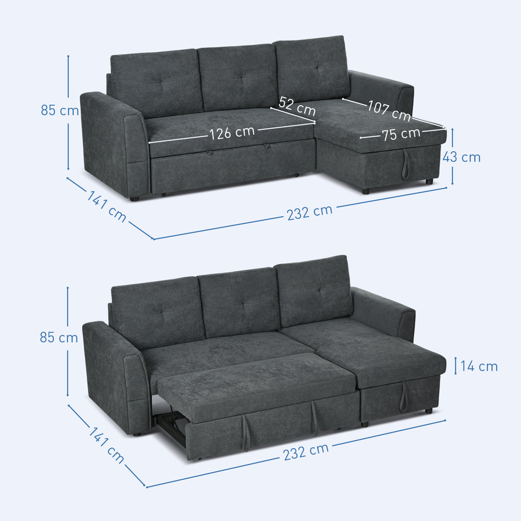 Sofá 3 lugares com função de cama, sofá-cama com chaise longue, sofá estofado, cinza escuro — foto 2