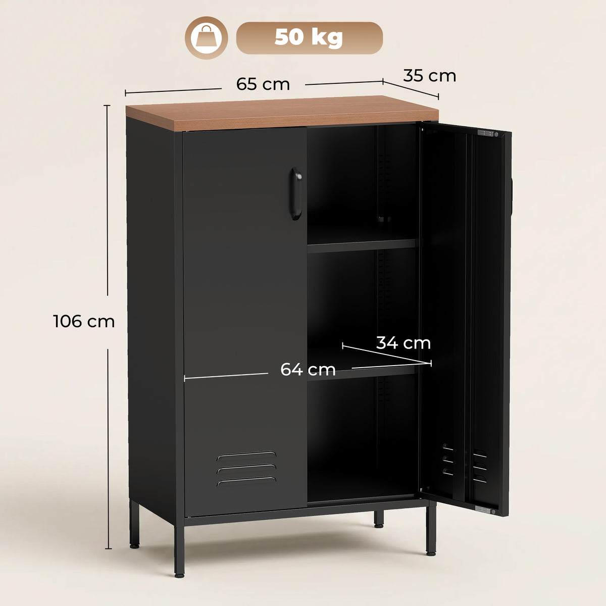 Cómoda em Metal com 2 Portas e Prateleira Regulável para Sala Escritório Preto — foto 2
