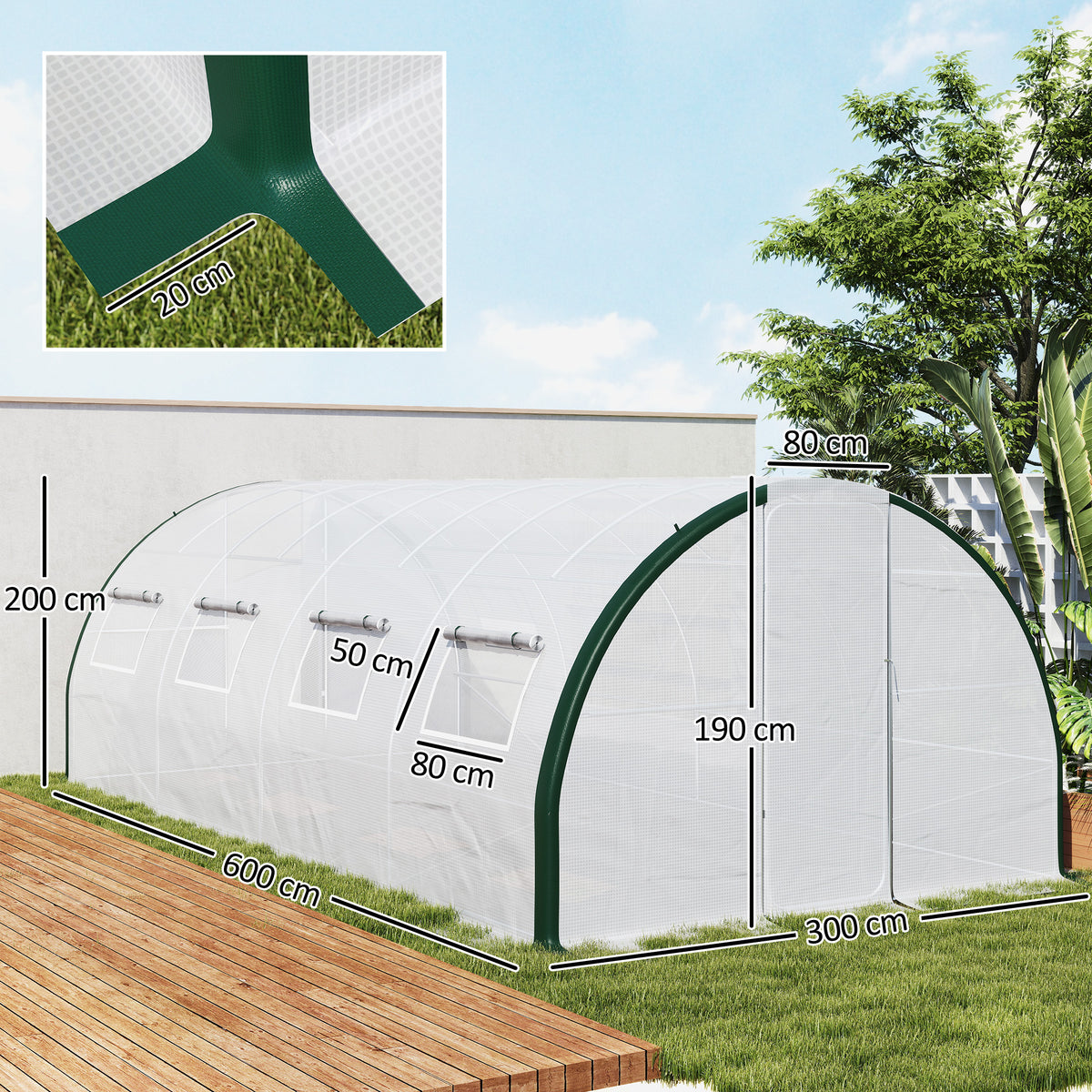 Estufa Túnel de Jardim 18 m² Estufa Túnel de Jardim com Portas e 8 Janelas Lona PE 140g/m² 600x300x200 cm Branca — foto 2
