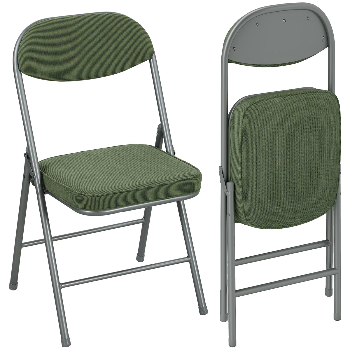Conjunto de 2 cadeiras dobráveis para sala de jantar portáteis com assentos e encostos acolchoados em veludo cotelê verde — foto 1