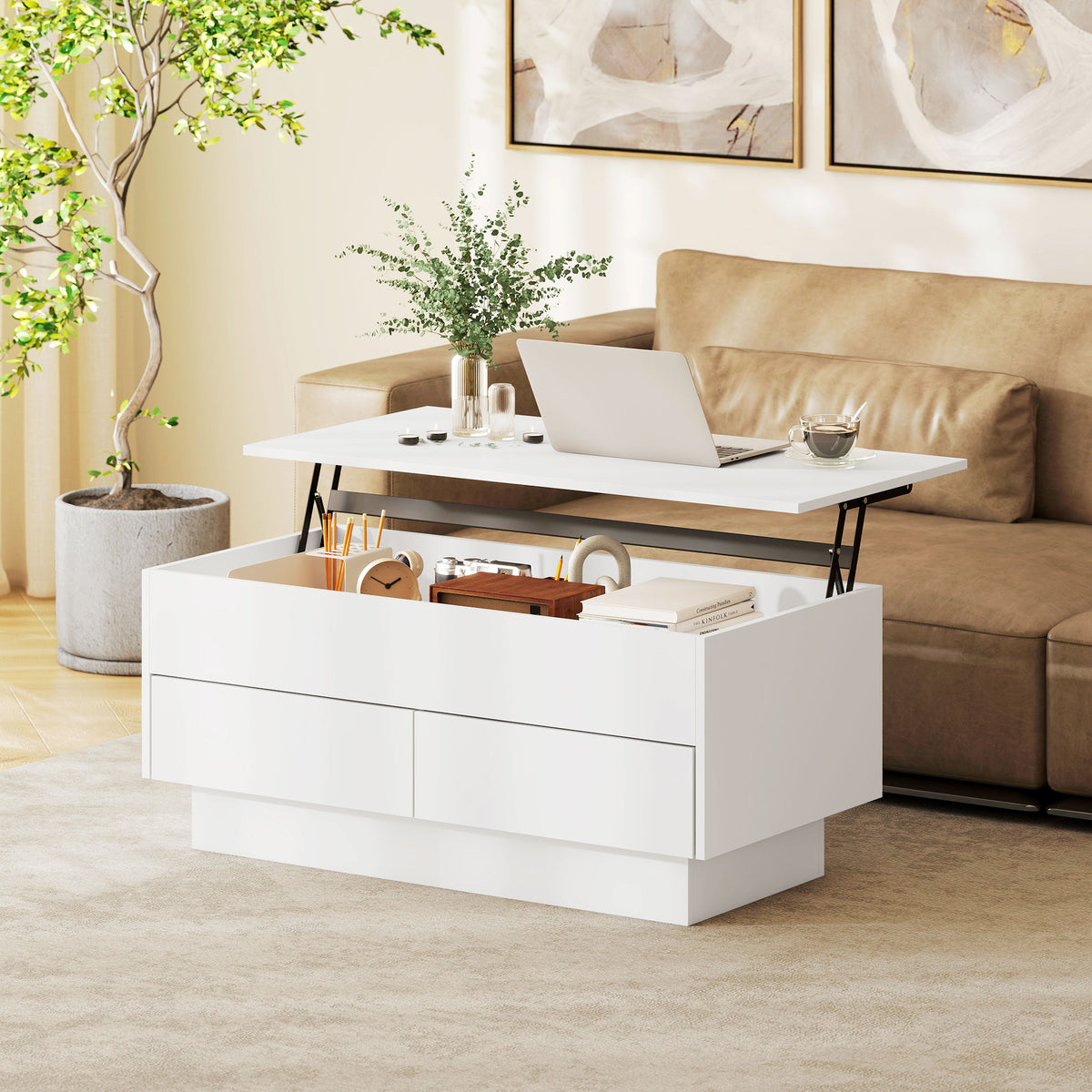 Mesa de Centro Elevável Mesa de Sala com Compartimento Oculto e 2 Gavetas 100x50x44 cm Branco — imagem 3