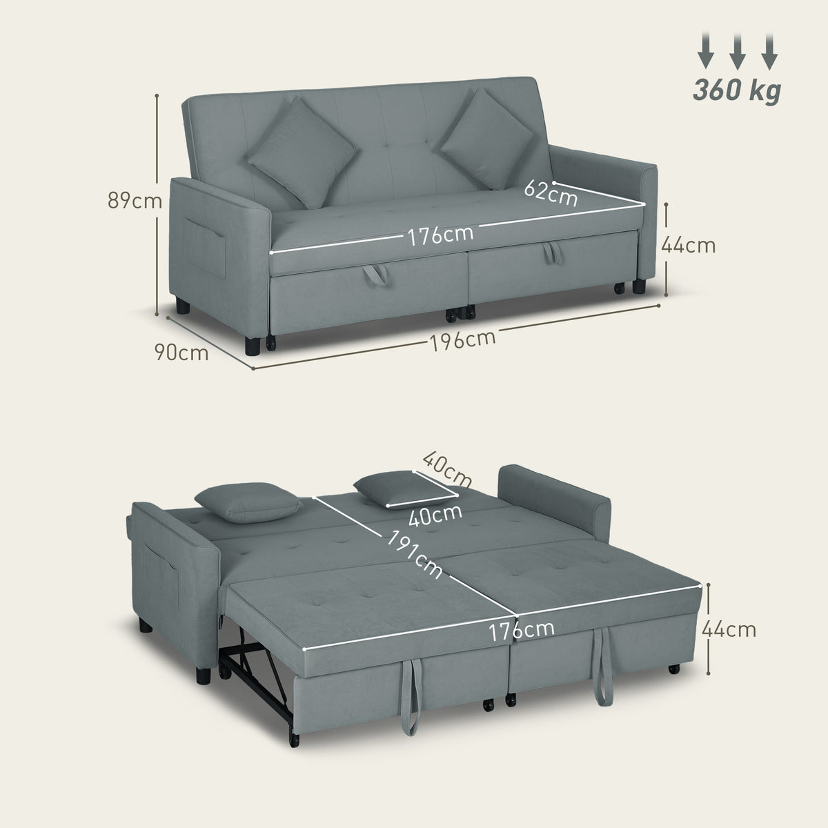 Sofá-cama, sofá de 3 lugares ajustável com função cama, sofá-cama com cama extensível, almofadas, Cinza — foto 2