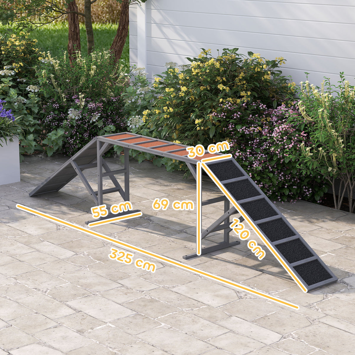 Rampa de Agilidade para Cães Equipamento de Agilidade Cães Barras de Segurança Superfície Antiderrapante 325x55x69cm Cinz — foto 2