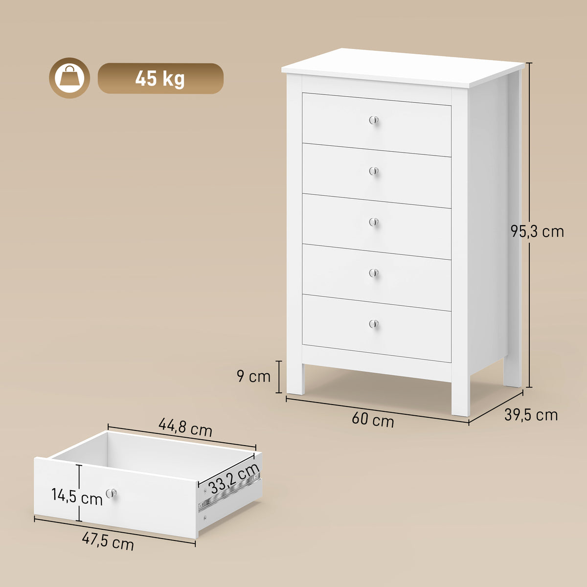 Cómoda com 5 Gavetas Armário com Trilhos de Deslizamento Suave para Quarto 60x39,5x95,3 cm Branco — foto 2
