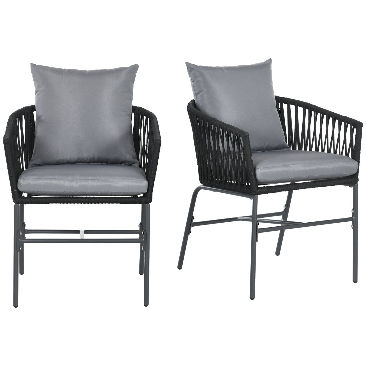 Cadeiras para exterior, conjunto de 2, design boho, almofada de assento e encosto, concha de assento confortável, estrutura metálica, Preto — imagem 9