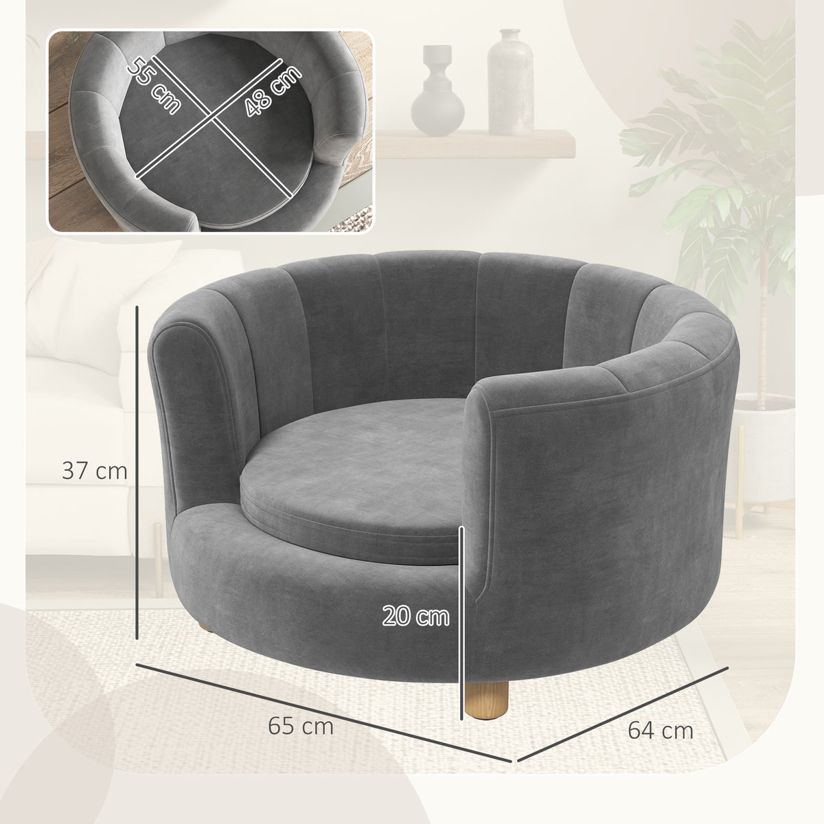 Cama para Animais de Estimação para Cães e Gatos Pés de Madeira Elevada Revestimento de Flanela Almofada Removível Cinza — foto 2