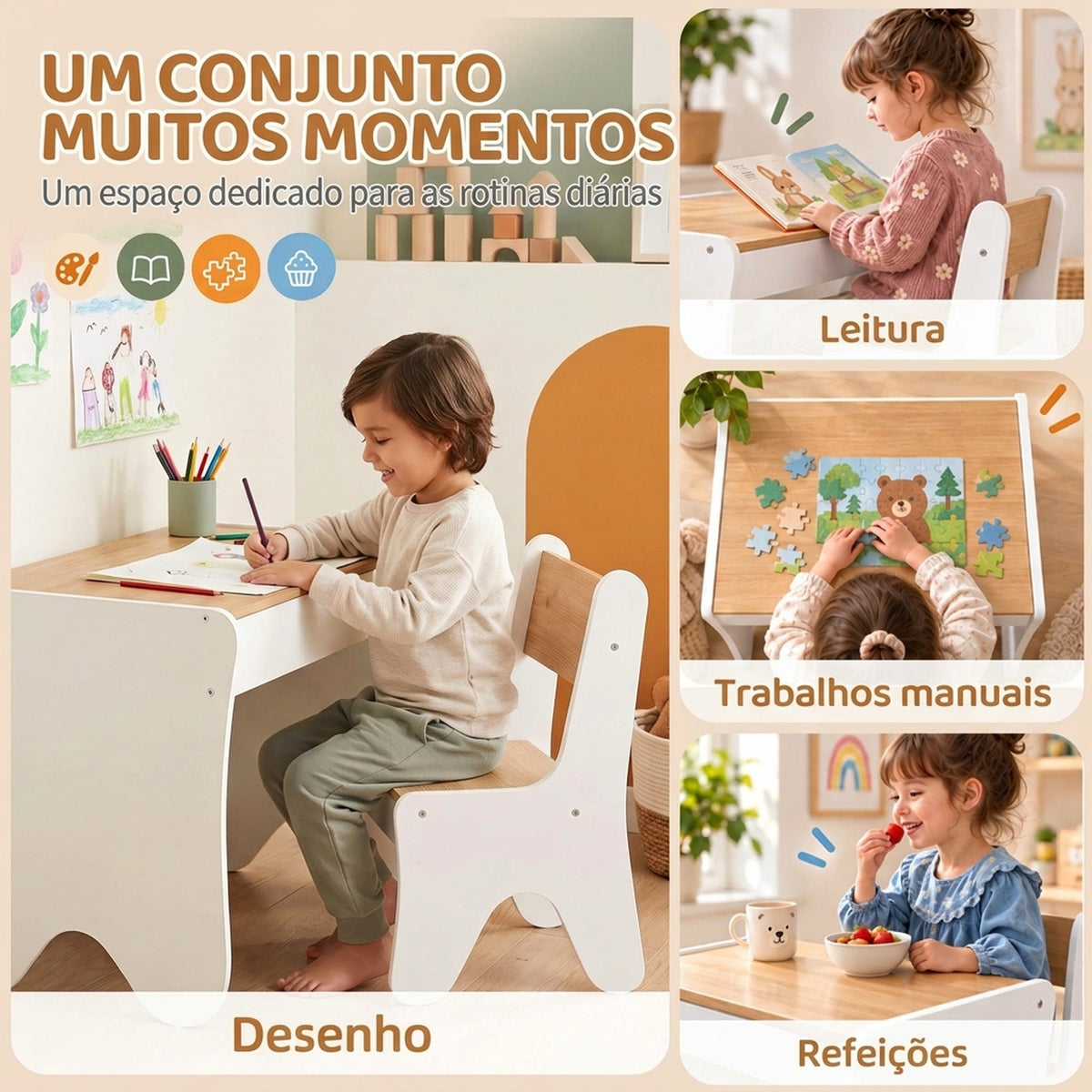 Mesa e Cadeira Infantil para Desenhar e Ler com Gaveta Branco e Madeira — imagem 7