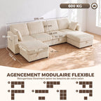 Sofá 4 Lugares com 2 Puffs com Armazenamento Sofá de Canto Modular em U 306 cm em Veludo Cotelê 4 Almofadas Creme — foto 2