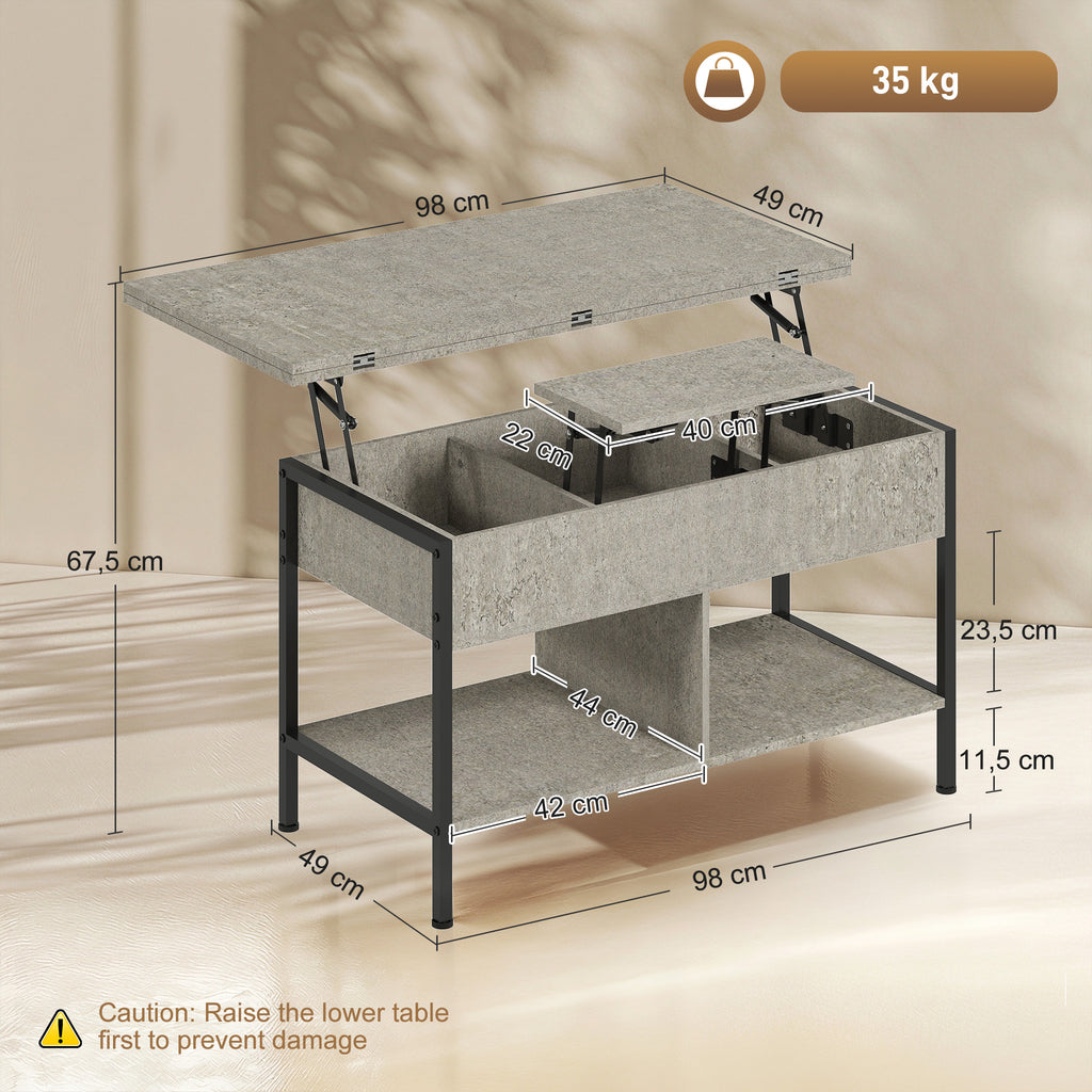 Mesa de Centro Elevável e Extensível Mesa de Sala com Compartimento Escondido Prateleiras Abertas 98x49x55 cm Cinza — foto 2