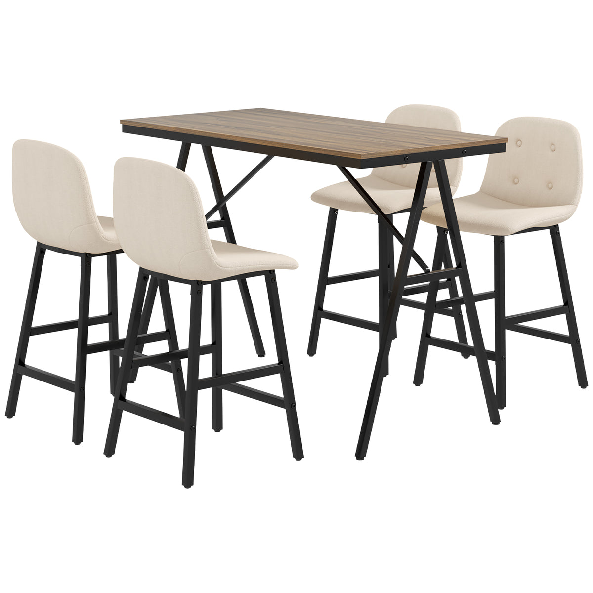 Conjunto de bar 5 peças, mesa e 4 banquetas, capitonê com botões, acolchoamento espesso, aspecto linho, Bege — foto 1