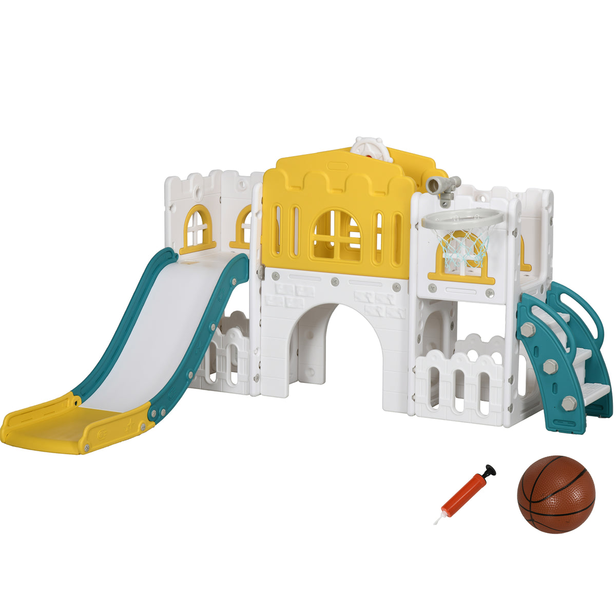 Escorrega Infantil Estrutura de Jogo 7 em 1 com Basquete Volante para 1-3 Anos 178x177x99 cm Amarelo e Branco e Verde — foto 1