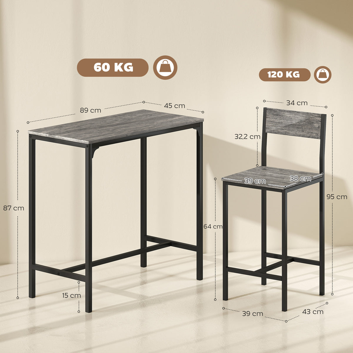 Conjunto Mesa de Bar com Bancos Mesa Alta com 2 Bancos de Bar Apoio para os Pés e Encostos Cinza — foto 2