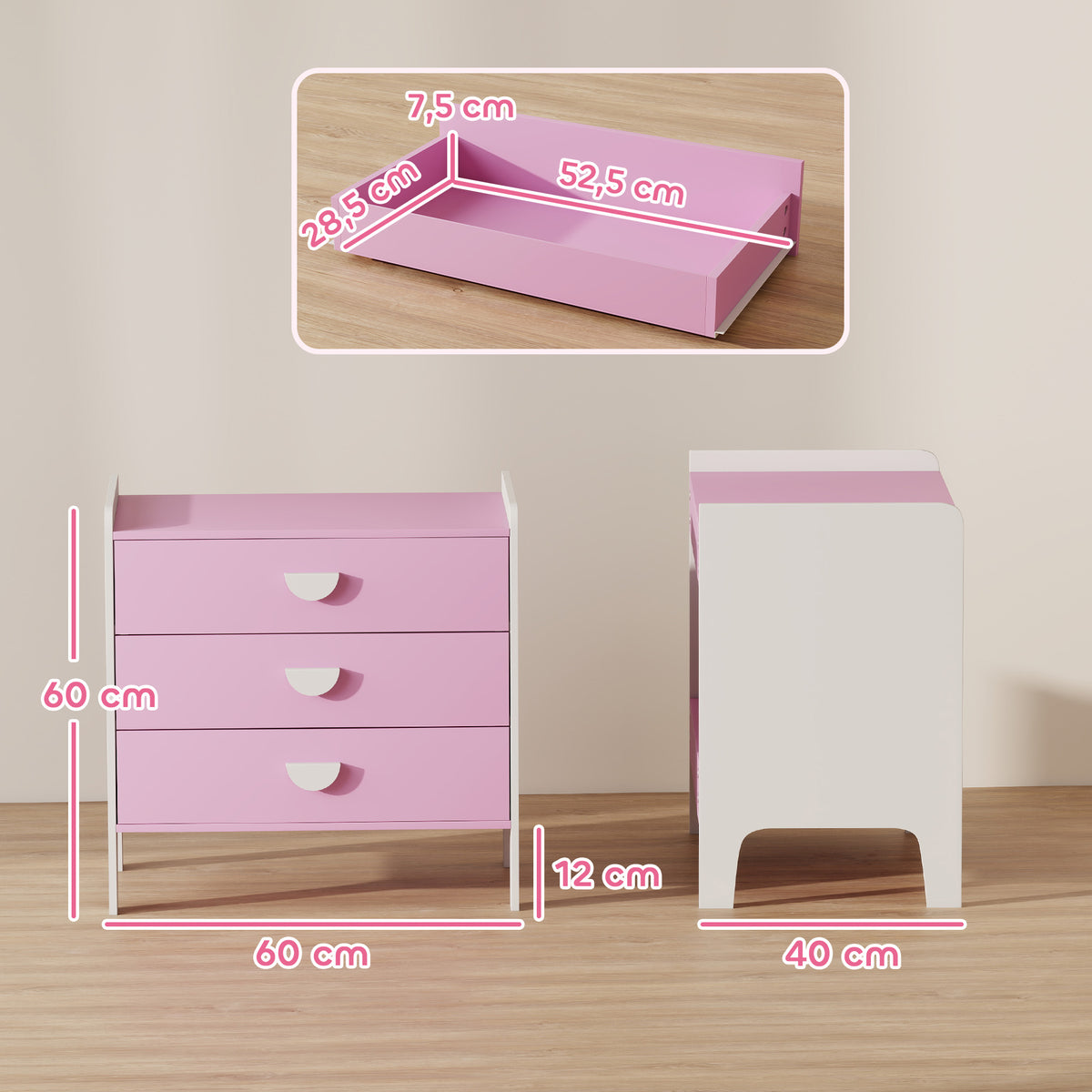 Cômoda infantil, cômoda de arrumação 3 gavetas para quarto infantil, creche, sala de jogos, 60 x 40 x 60 cm, rosa — foto 2