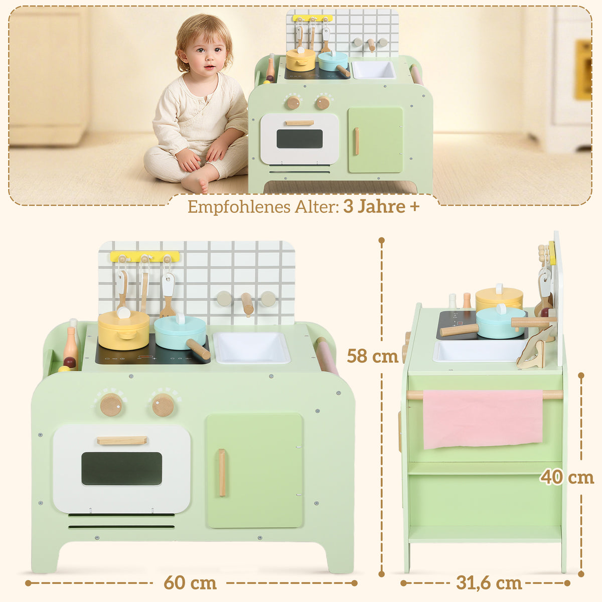 Conjunto de cozinha infantil, MDF, 15 acessórios, armários, 40 cm, a partir de 3 anos, Verde — foto 2