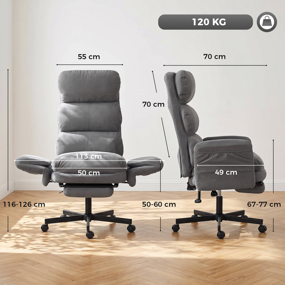 Cadeira de Escritório Ergonómica, Braços Rebatíveis, Apoio de Cabeça Ajustável, Cadeira Reclinável em Veludo Cotelê, Cinza — foto 2