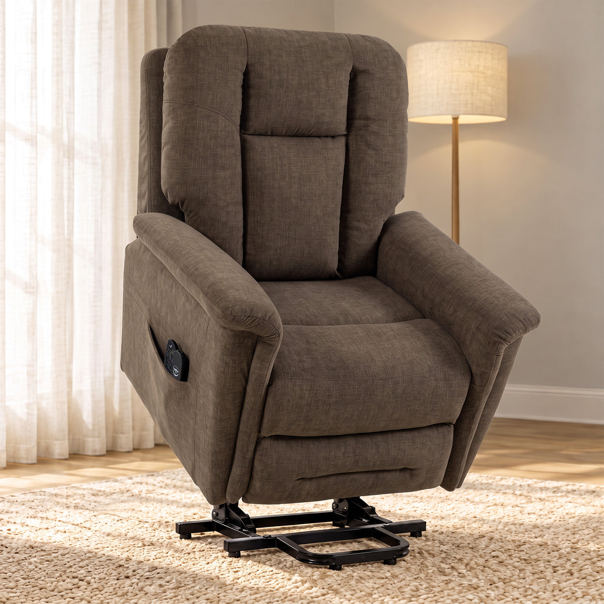 Poltrona Elevatória Elétrica Massagem e Aquecimento Poltrona Relax Elétrica Veludo Porta USB Encosto Reclinável Castanho — imagem 3