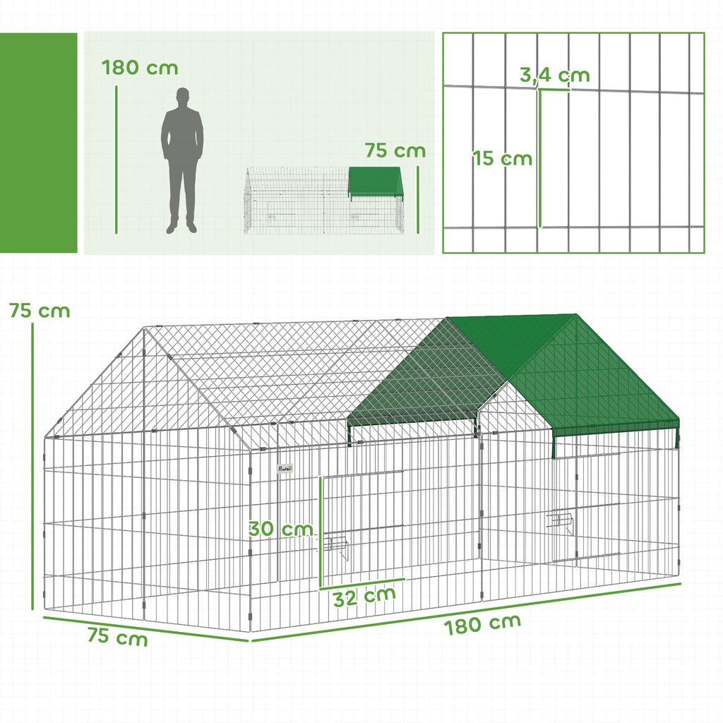 Gaiola para Coelhos e Galinhas de Exterior e Interior com Proteção Solar e Grade Metálica para Animais Pequenos Patos Galinhas 180x75x75 cm Verde — foto 2