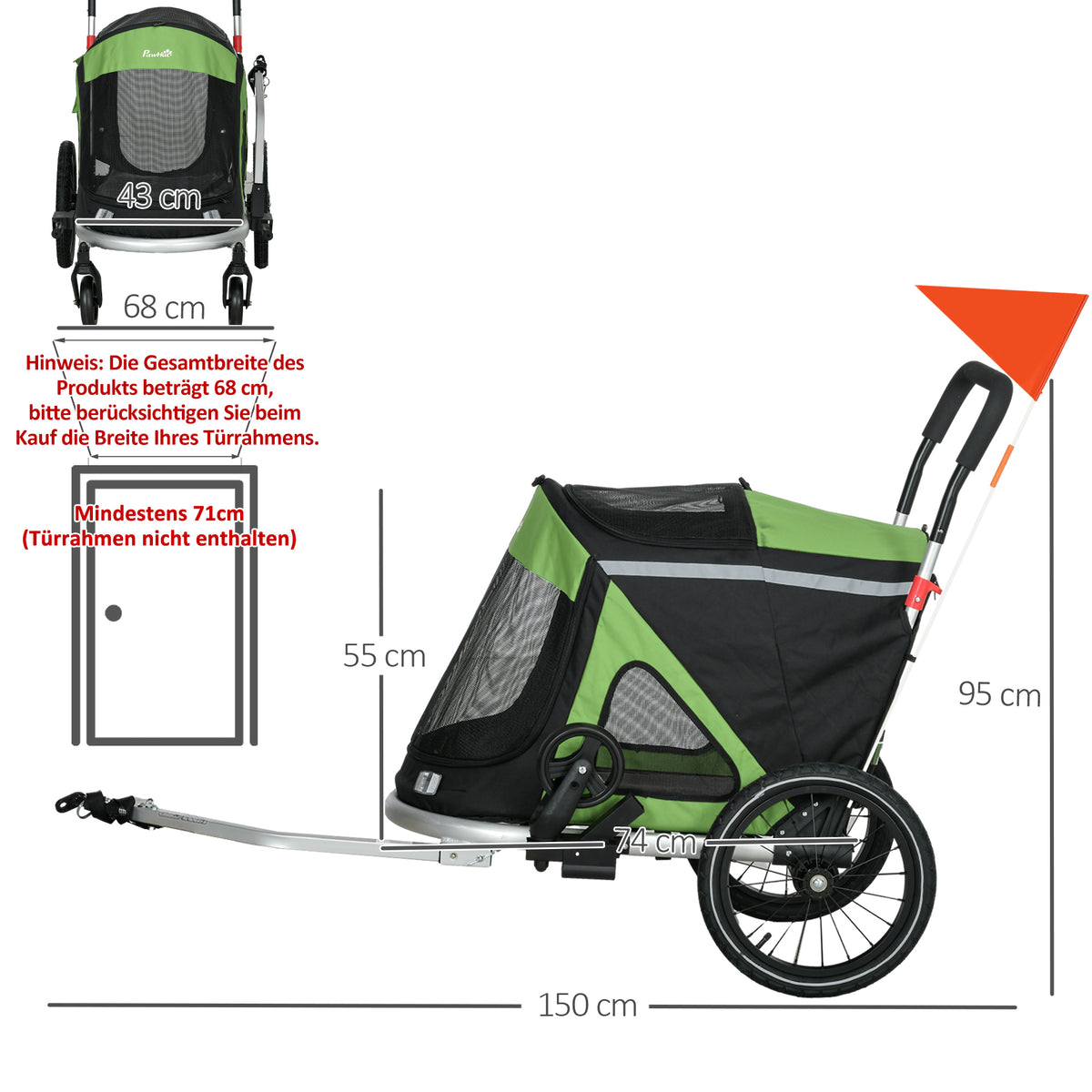 Carrinho de Cão 2 em 1 Corredor de Cão Reboque de Bicicleta 2 Refletores 1 Corda de Segurança 150x68x95 cm Verde — foto 2