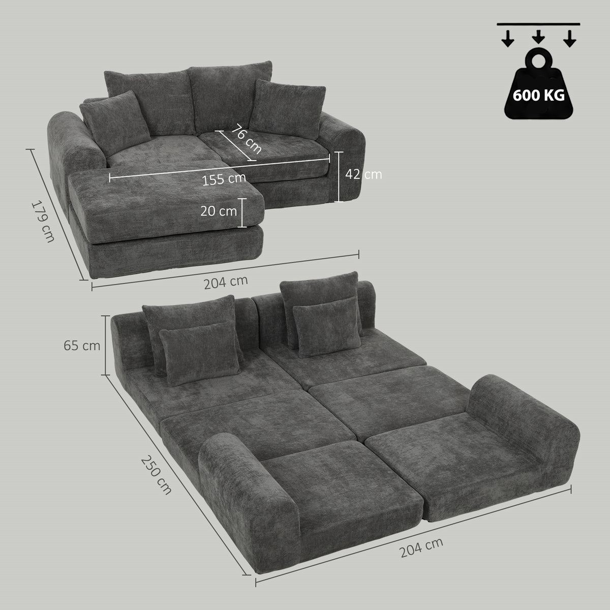 Sofá-cama modular de canto, versátil, design soft sem arestas duras, profundidade do assento 76 cm, espuma de alta densidade, cinza escuro — foto 2