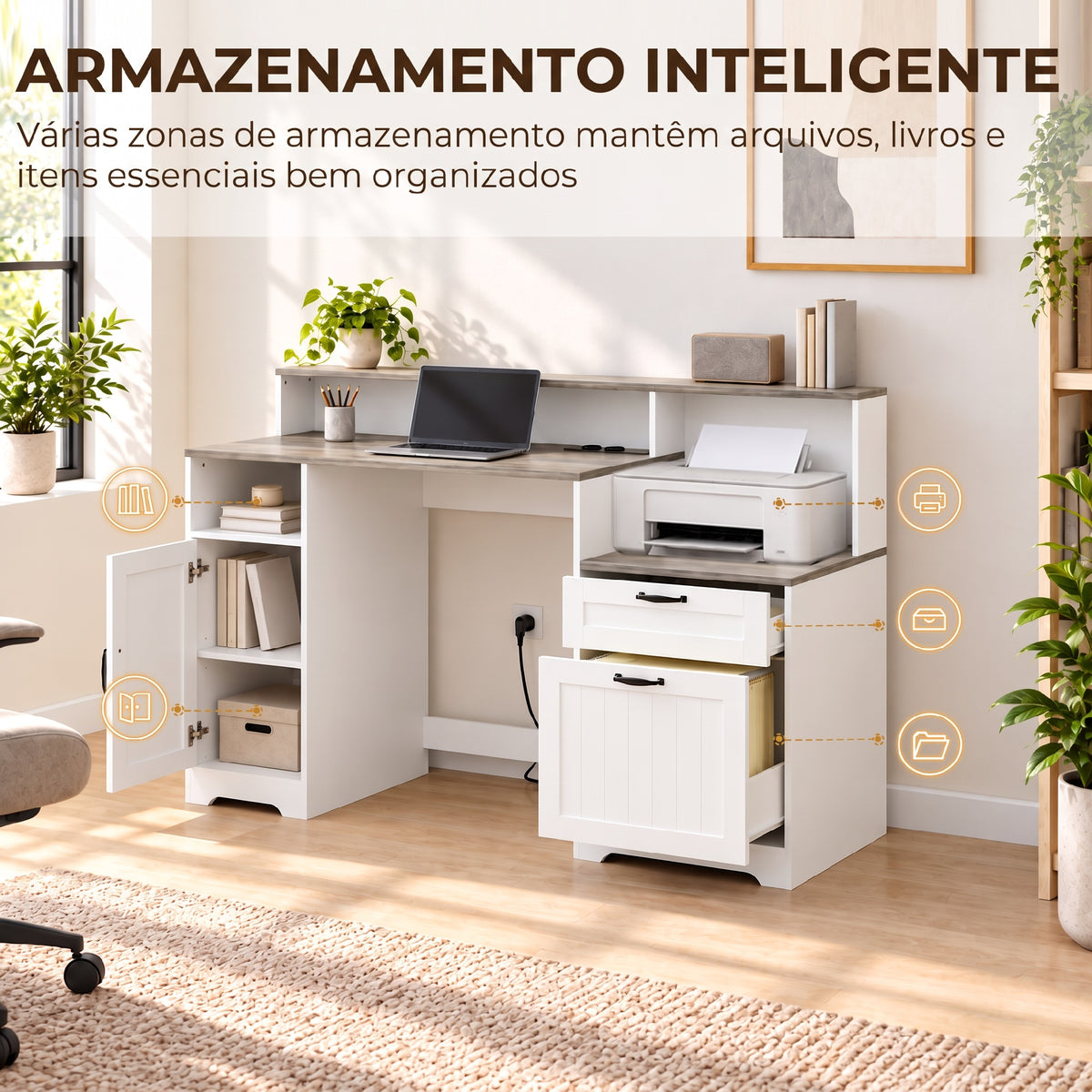 Secretária com Estação de Carregamento Gavetas e Prateleiras com Tomadas Castanho Acinzentado e Branco — imagem 4