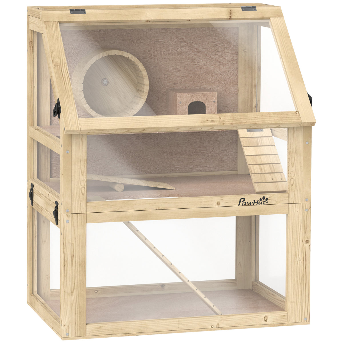 Gaiola para Hamster Roedor de 3 Níveis Fundo Removível Casinha Balanço 60x40x75 cm Acabamento Madeira Natural — foto 1