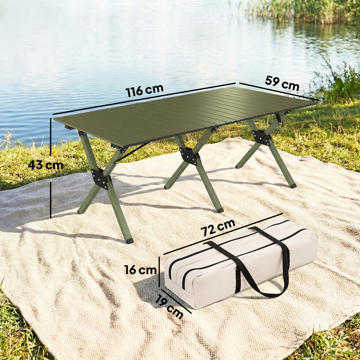 Mesa Dobrável 116 cm Mesa de Piquenique Resistente à Água com Tampo Enrolável e Estrutura Metálica Verde — foto 2
