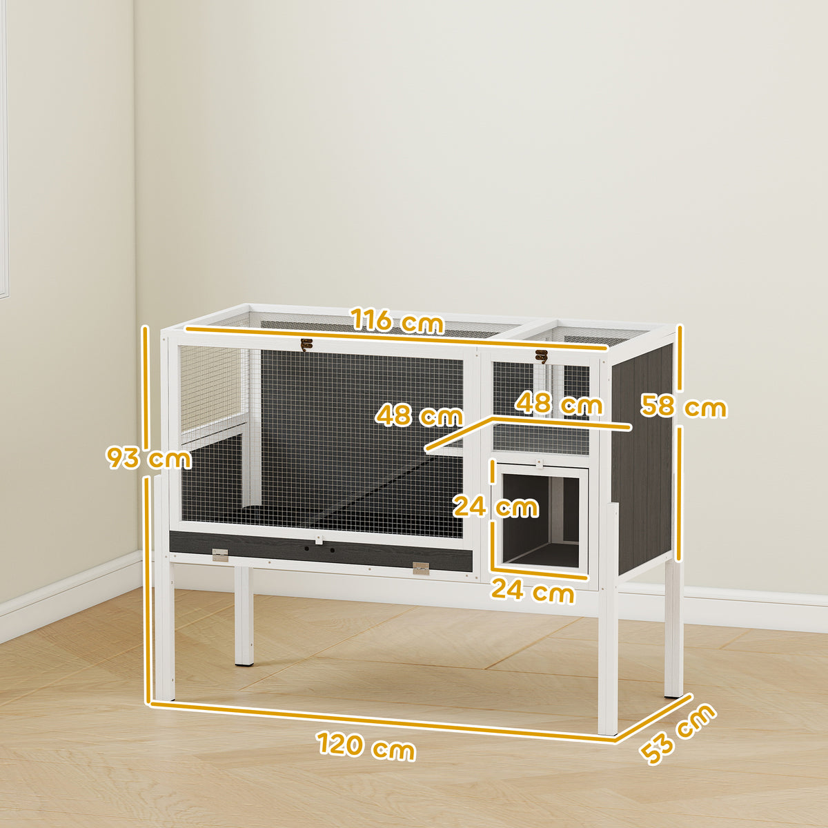 Recinto para Pequenos Animais para Hamsters Anões Coelhos Porquinhos-da-índia com Acessórios Design Elevado Madeira Metal Cinza — foto 2
