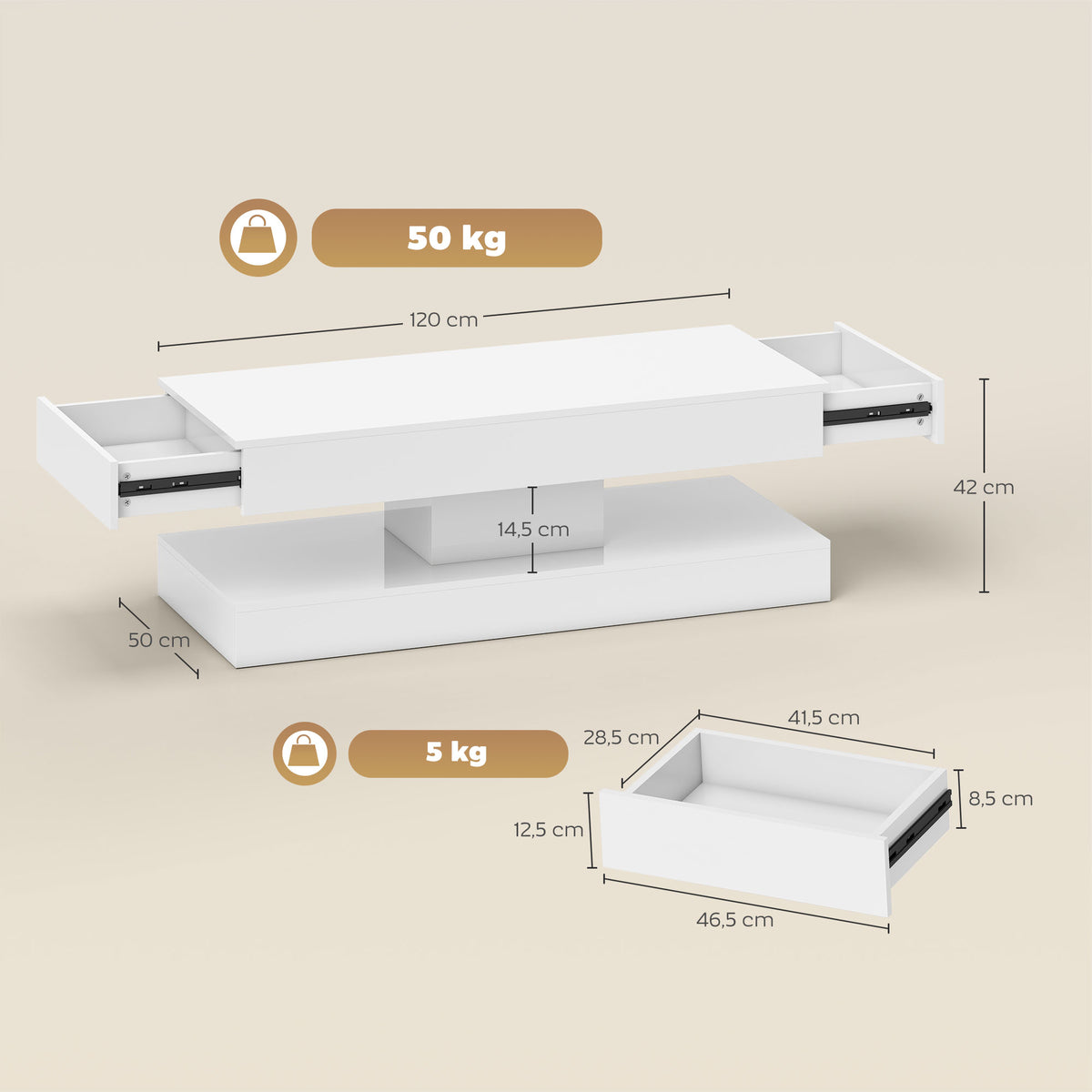 Mesa de estar com gavetas e luzes LED, mesa de centro moderna com prateleira aberta, mesa de centro, aglomerado, branco — foto 2