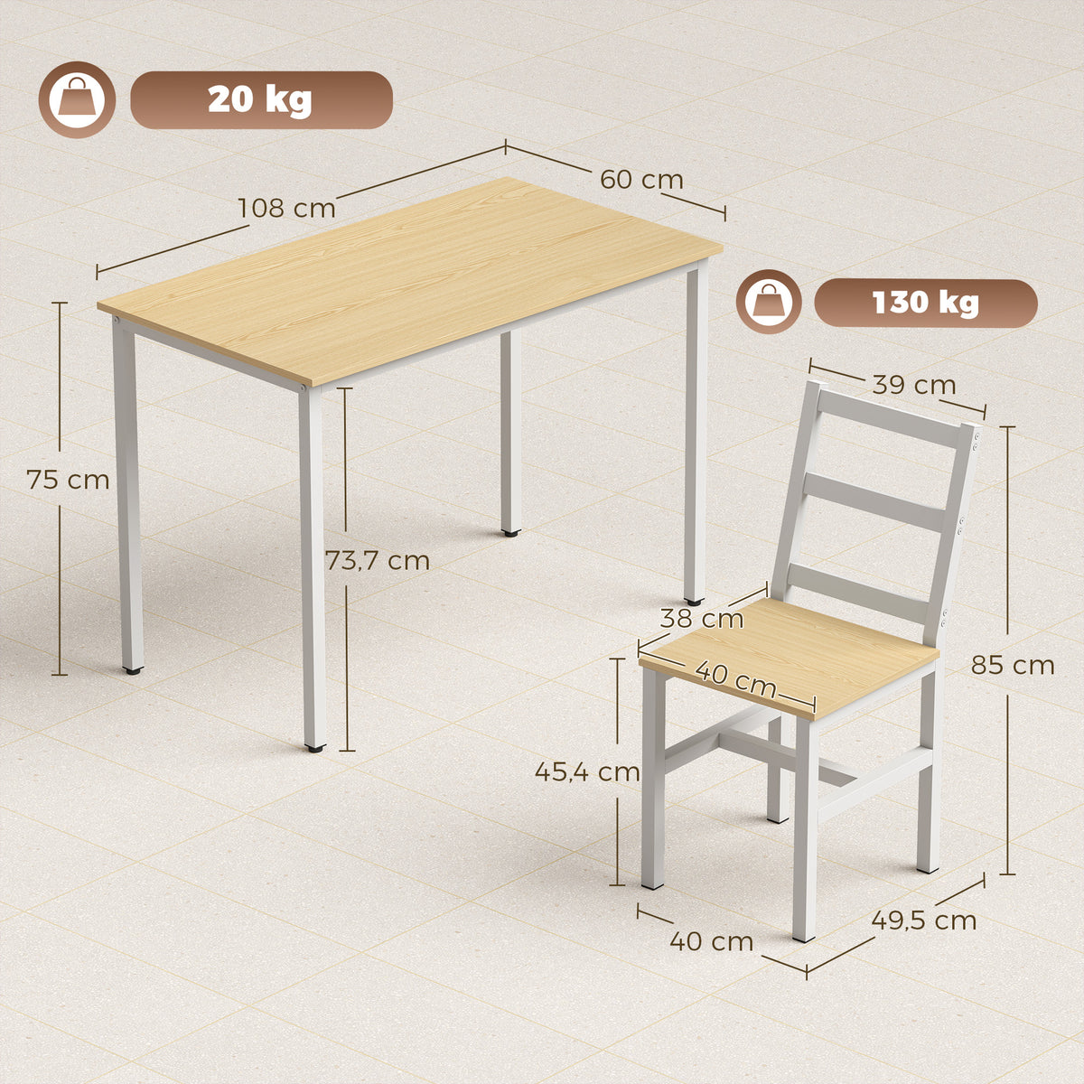 Conjunto Mesa de Jantar com 4 Cadeiras Mesa Retangular 108 cm Cadeiras com Encosto em Ripas Carvalho e Branco — foto 2