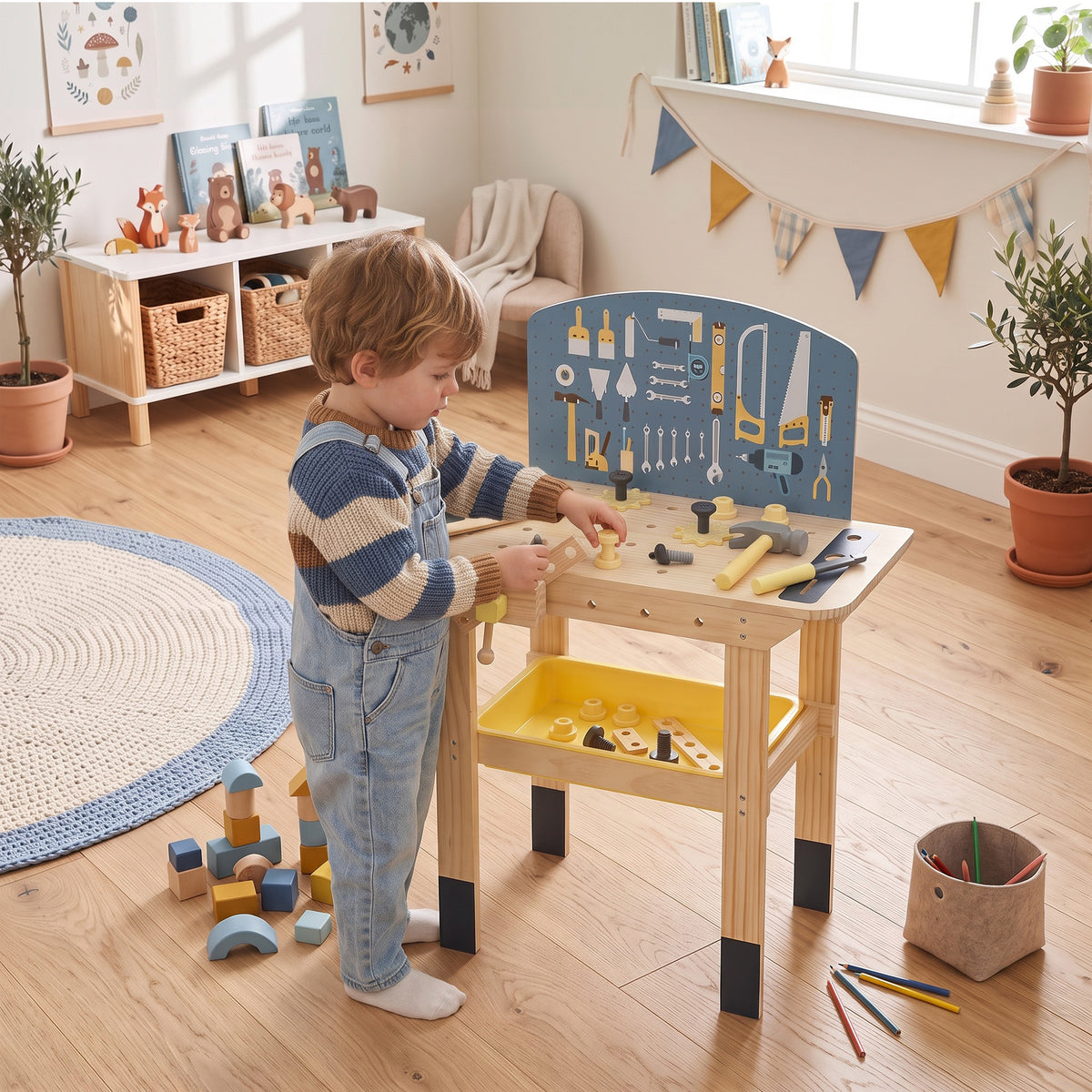 Bancada de Ferramentas Infantil em Madeira com 28 Acessórios, Brinquedo de Construção, Natural, 3-8 Anos — imagem 3