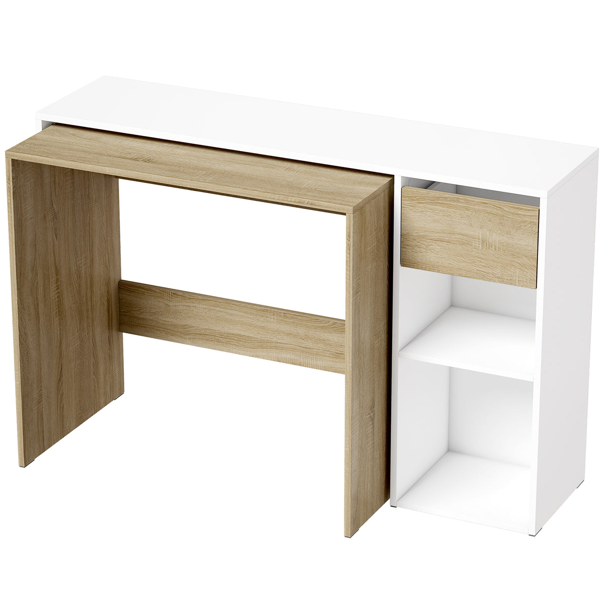 Mesa para Computador Encaixável Conjunto de 2, Mesa de Escritório 80/117 cm com Gaveta e Prateleiras Abertas, Branco e Carvalho — foto 1