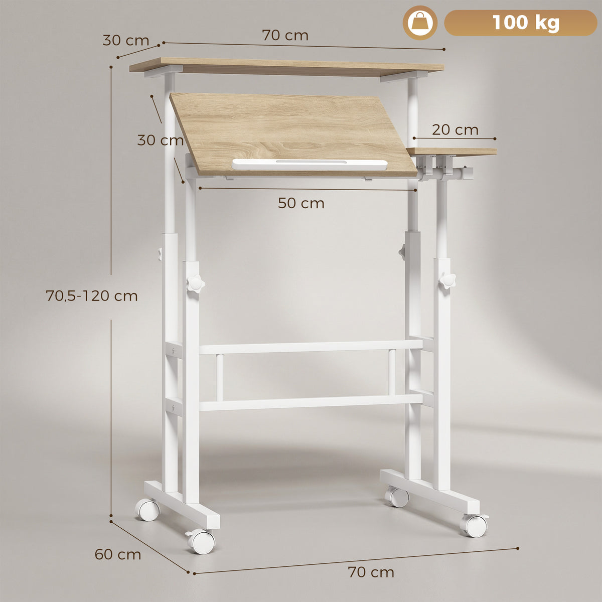 Secretária Sentar/Ficar em Pé Regulável em Altura 70x60 cm com Rodízios e Tampo Inclinável Estrutura em Metal Castanho — foto 2