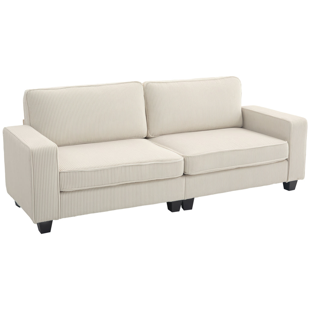 Sofá de 3 Lugares com Tecido Corduroso Sofá de Sala de Estar com Suspensão Até 400 Kg 227x84x87 cm Branco Creme — foto 1