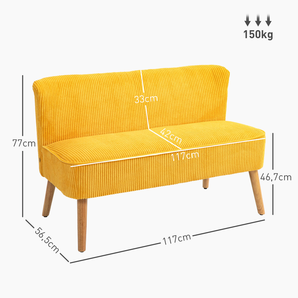 Sofá de dois lugares, elegante design escandinavo, estrutura maciça de madeira, até 150 kg, 117 x 56,5 x 77 cm, amarelo — foto 2