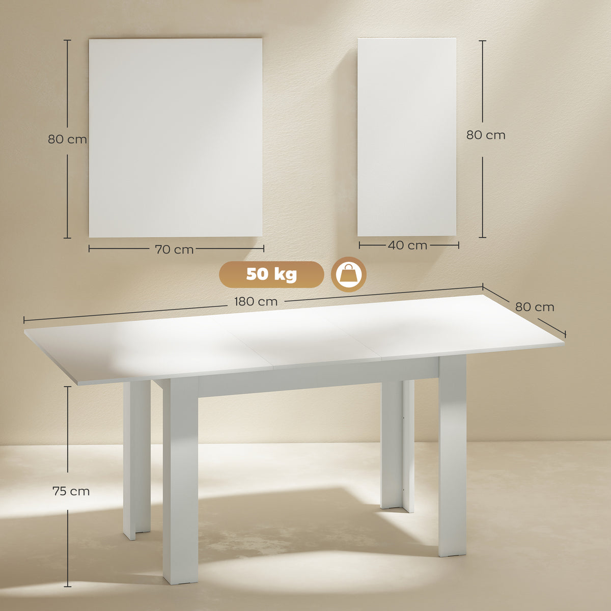 Mesa de jantar extensível, 140/180 x 80 cm Mesa de cozinha para 6-8 pessoas, para cozinha, sala de jantar, Branco — foto 2