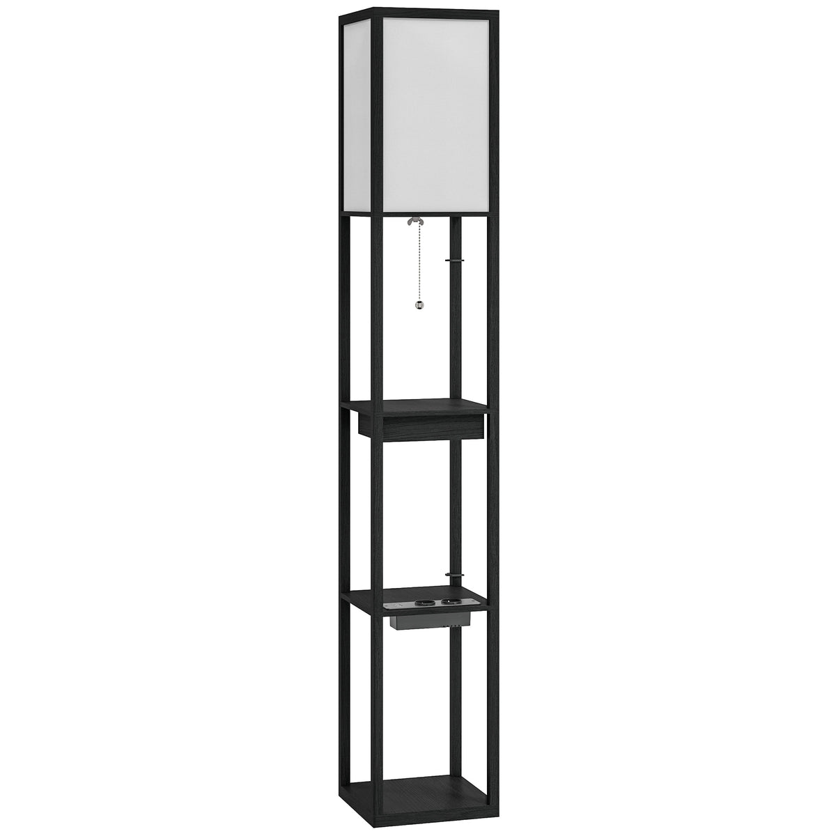Luminária de piso com prateleira de 3 níveis, interruptor de pé, portas USB, MDF, Preto — foto 1