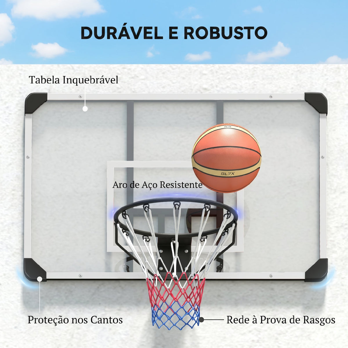 Tabela de Basquetebol de Parede com Aro, Rede e Estrutura em Aço para Exterior, 113x61x73 cm, Branco e Preto — imagem 8